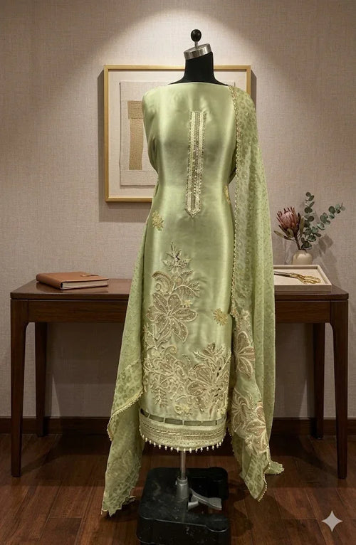 Pastel green Anarkali suit with intricate embroidery and dupatta on a mannequin