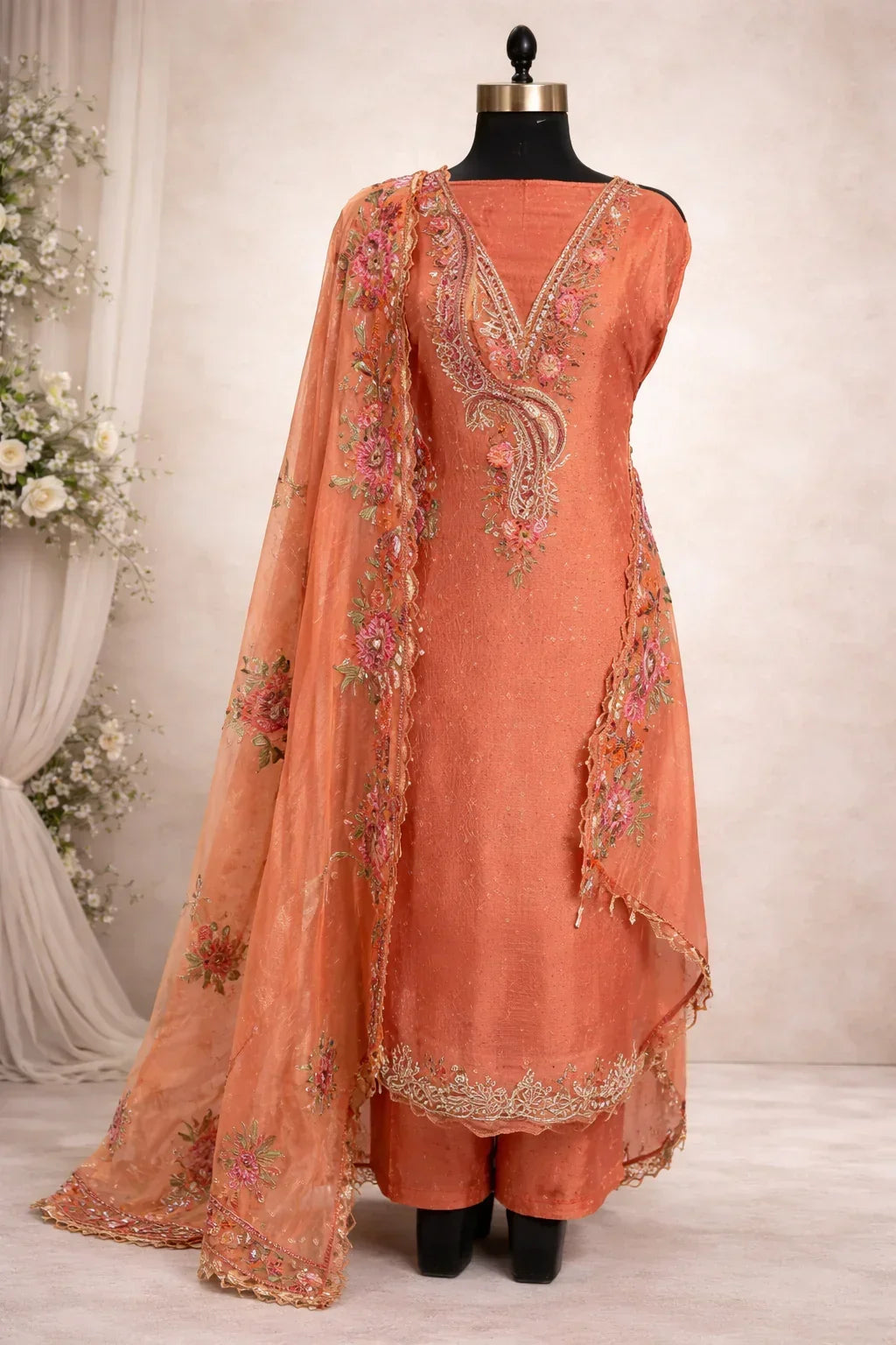 Peach Banarasi Anarkali suit with floral embroidery and matching dupatta on mannequin