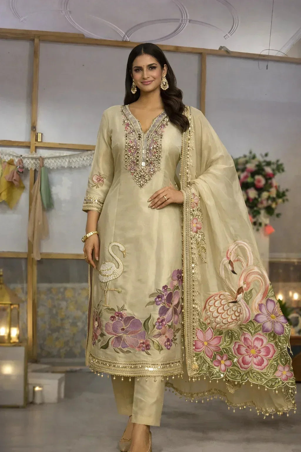 Woman wearing cream and gold Anarkali suit with floral and swan embroidery, festive ethnic wear