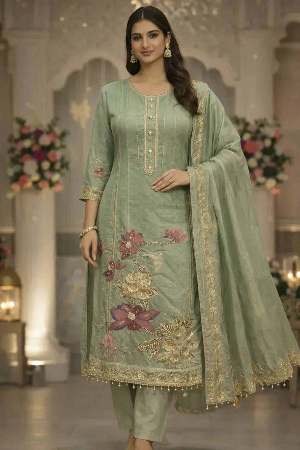 Elegant seafoam green embroidered Anarkali suit with floral designs and matching dupatta