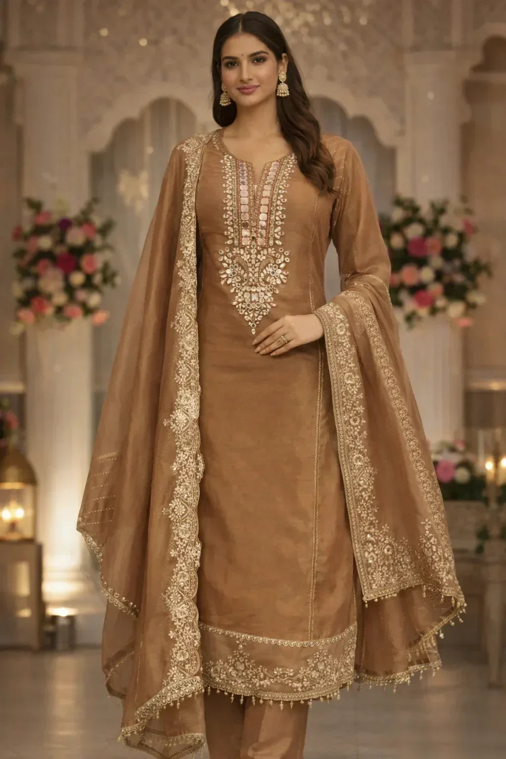 Woman in a gold embroidered Anarkali suit with matching dupatta, elegant ethnic wear
