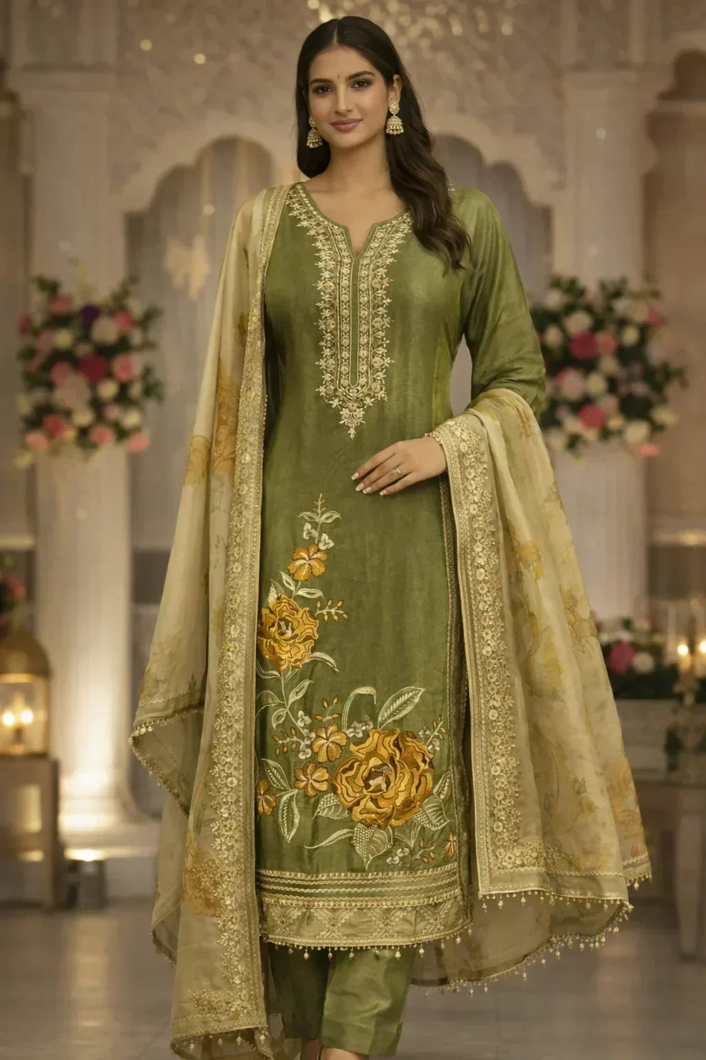 Woman wearing olive green embroidered Anarkali suit with floral dupatta, festive ethnic wear