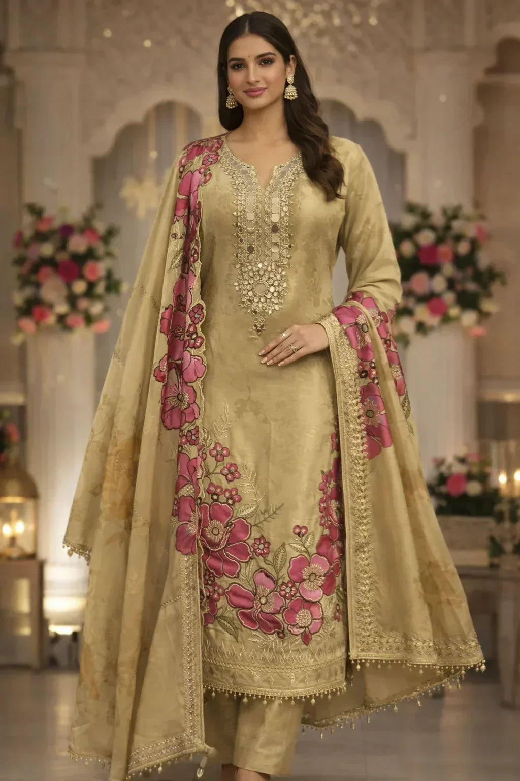 Woman in gold Anarkali suit with pink floral embroidery, ethnic wear for weddings