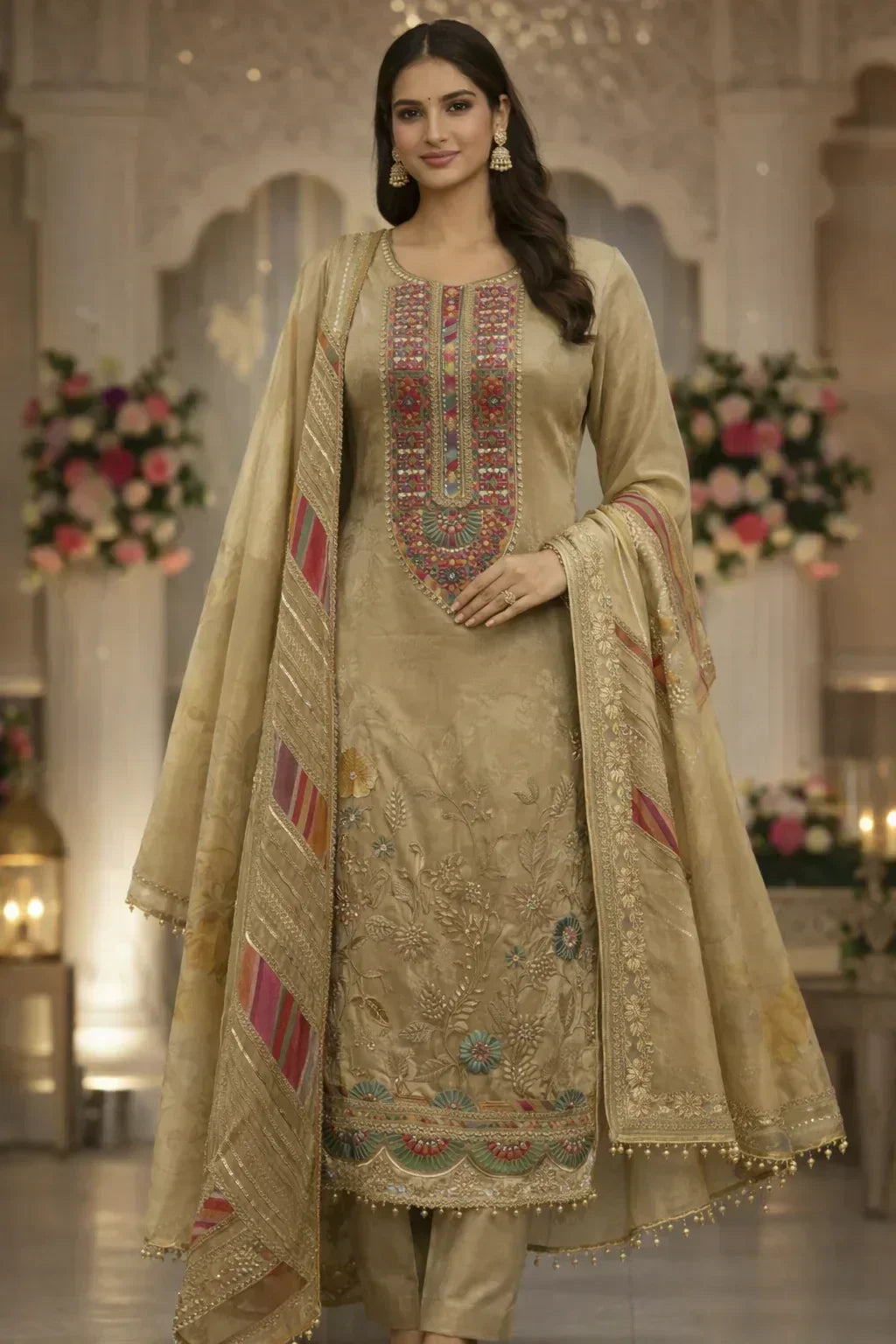 Woman in gold embroidered Anarkali suit with dupatta, wearing ethnic jewelry, standing indoors