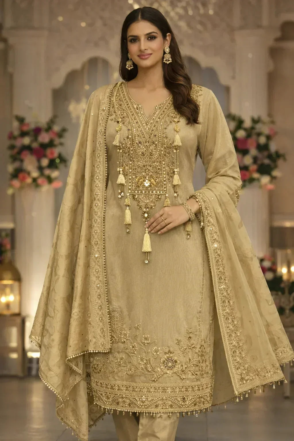 Woman wearing an elegant beige embroidered ethnic suit with dupatta, perfect for weddings.