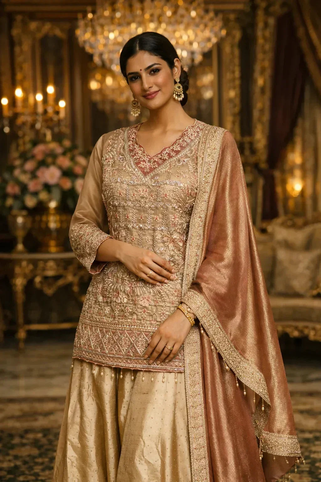 Woman in elegant gold and blush pink embroidered Anarkali suit with dupatta in a luxurious setting