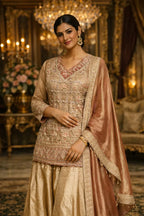 Woman in elegant gold and blush pink embroidered Anarkali suit with dupatta in a luxurious setting