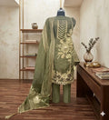 Olive green embroidered ethnic suit set with floral detailing and dupatta on mannequin