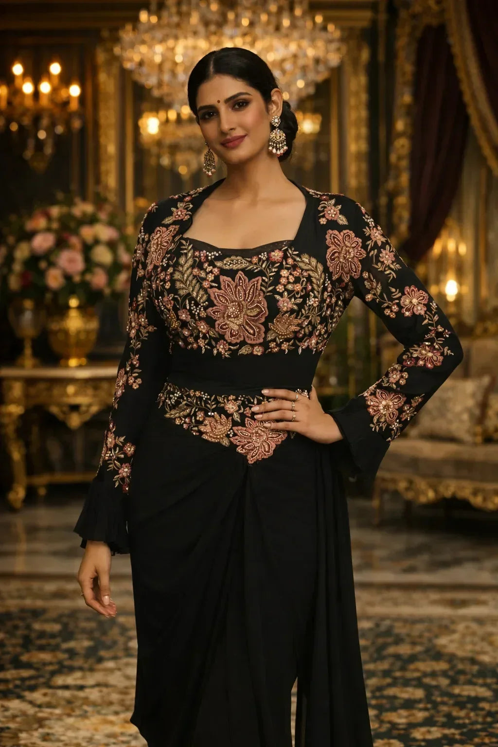 Woman in black floral embroidered Anarkali suit, luxury ethnic wear, festive setting
