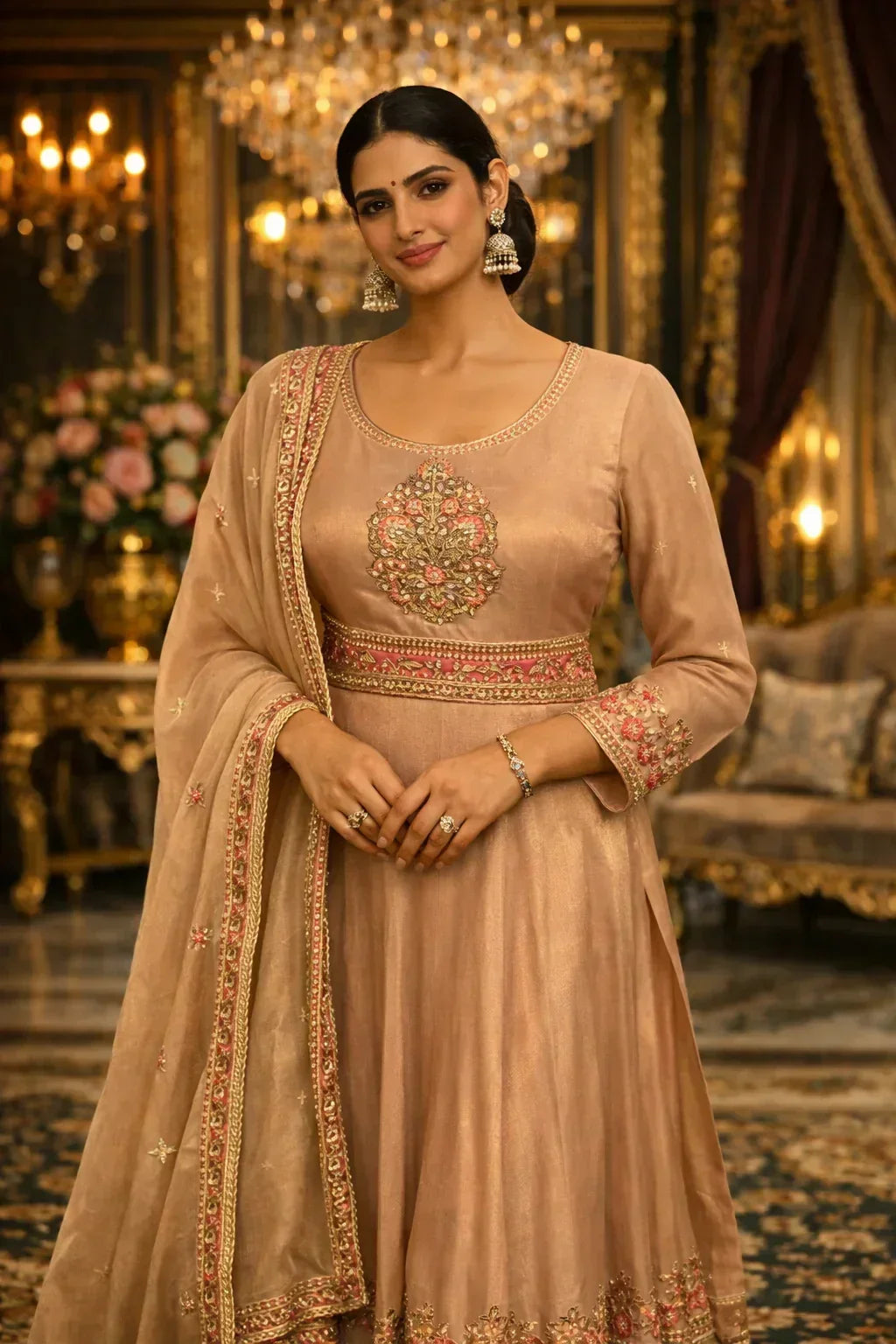 Woman wearing beige Banarasi Anarkali suit with gold embroidery in a luxurious setting