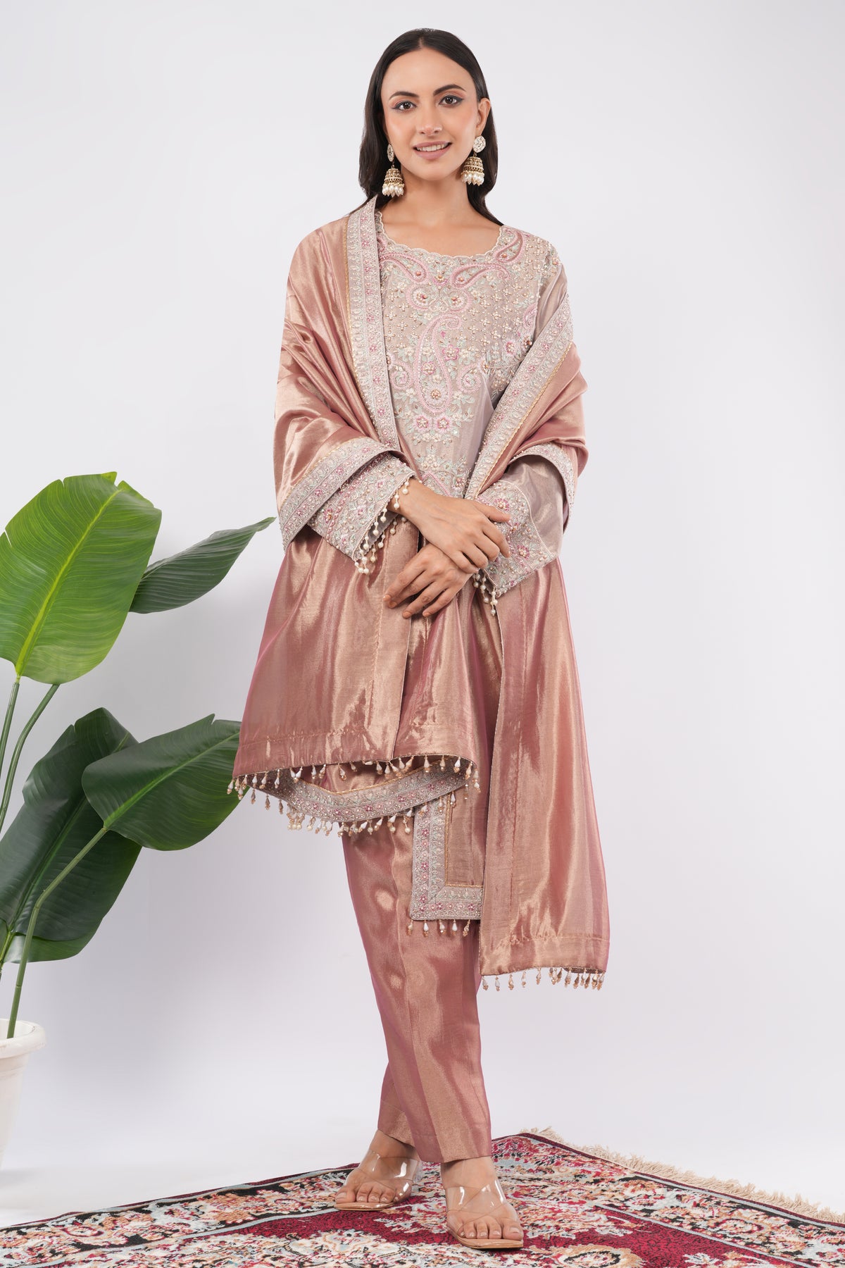 Tissue silk top bottom and dupatta, thread and Dori work, hand with beads work