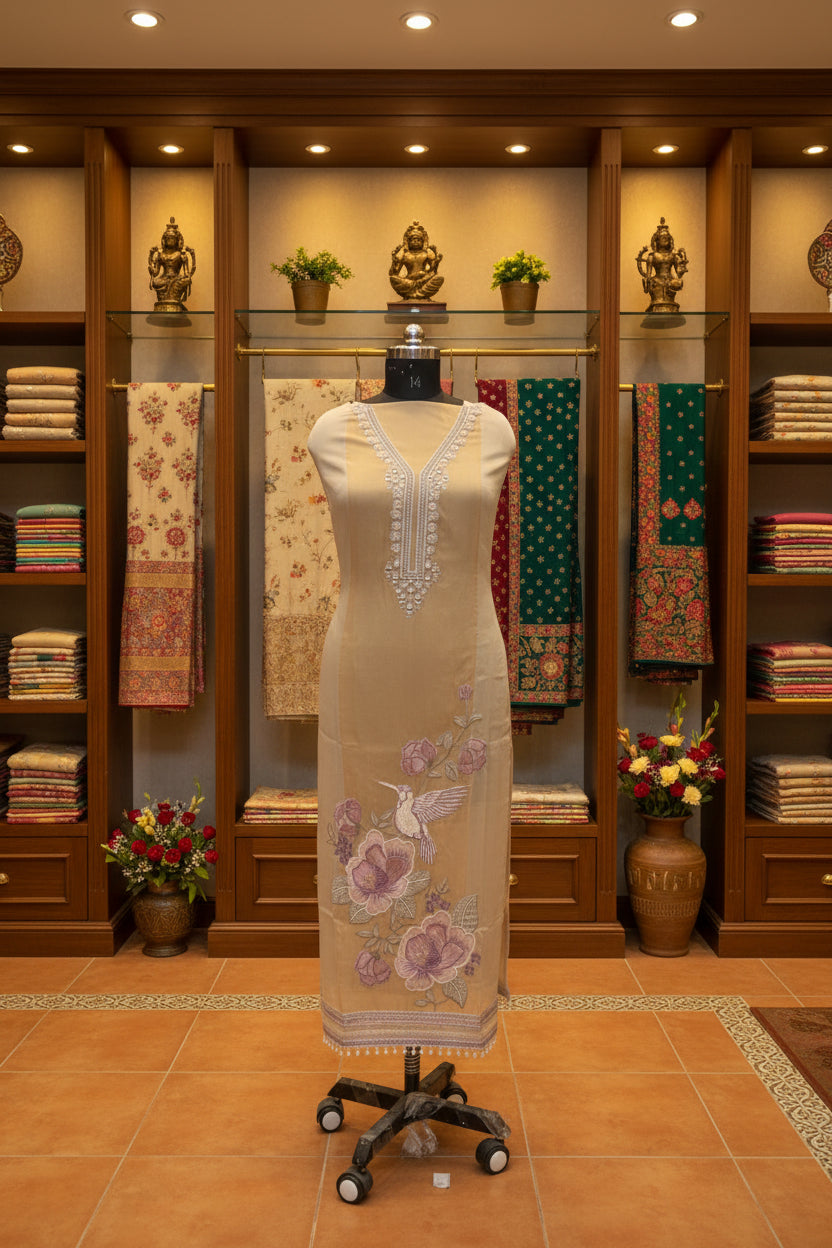 Top and dupatta Tulfi half and half, bottom Upada silk, thread embroidery and hand work