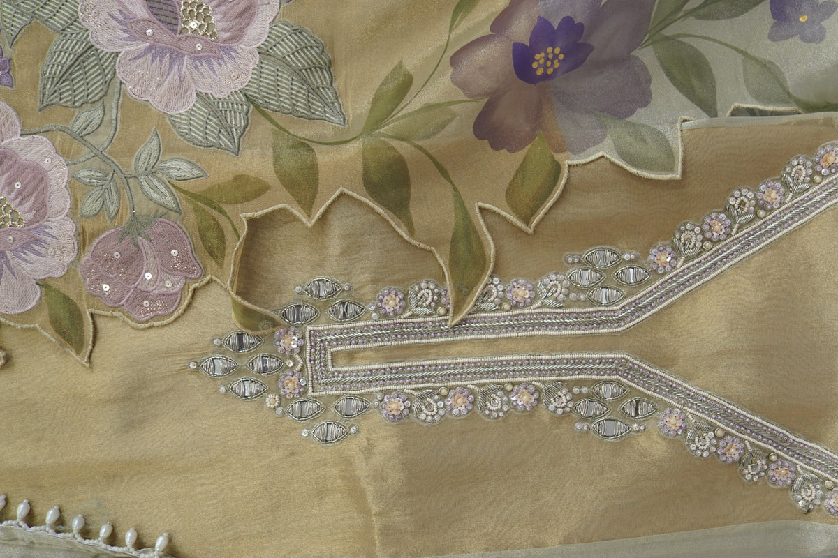 Top and dupatta Tulfi half and half, bottom Upada silk, thread embroidery and hand work