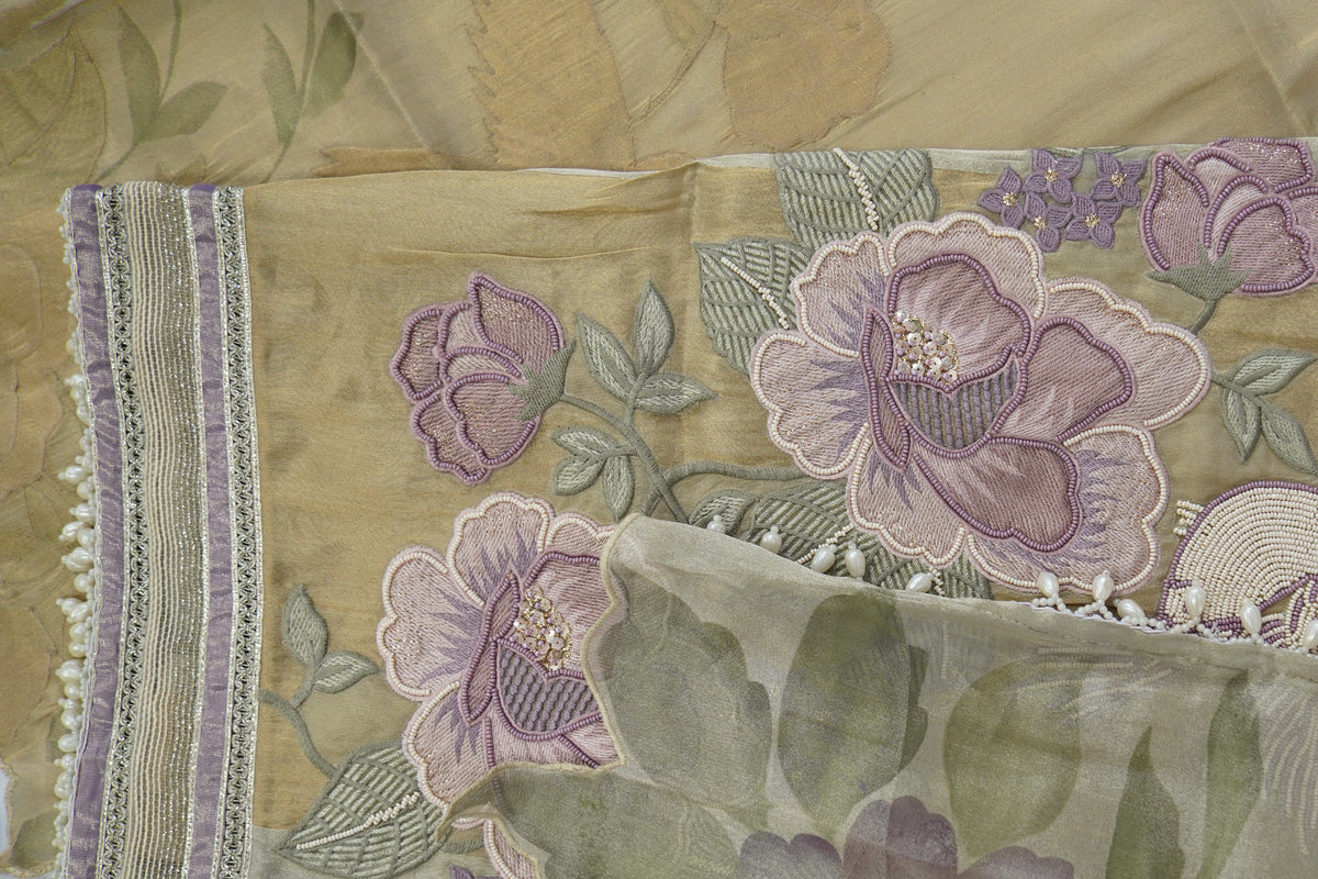 Top and dupatta Tulfi half and half, bottom Upada silk, thread embroidery and hand work