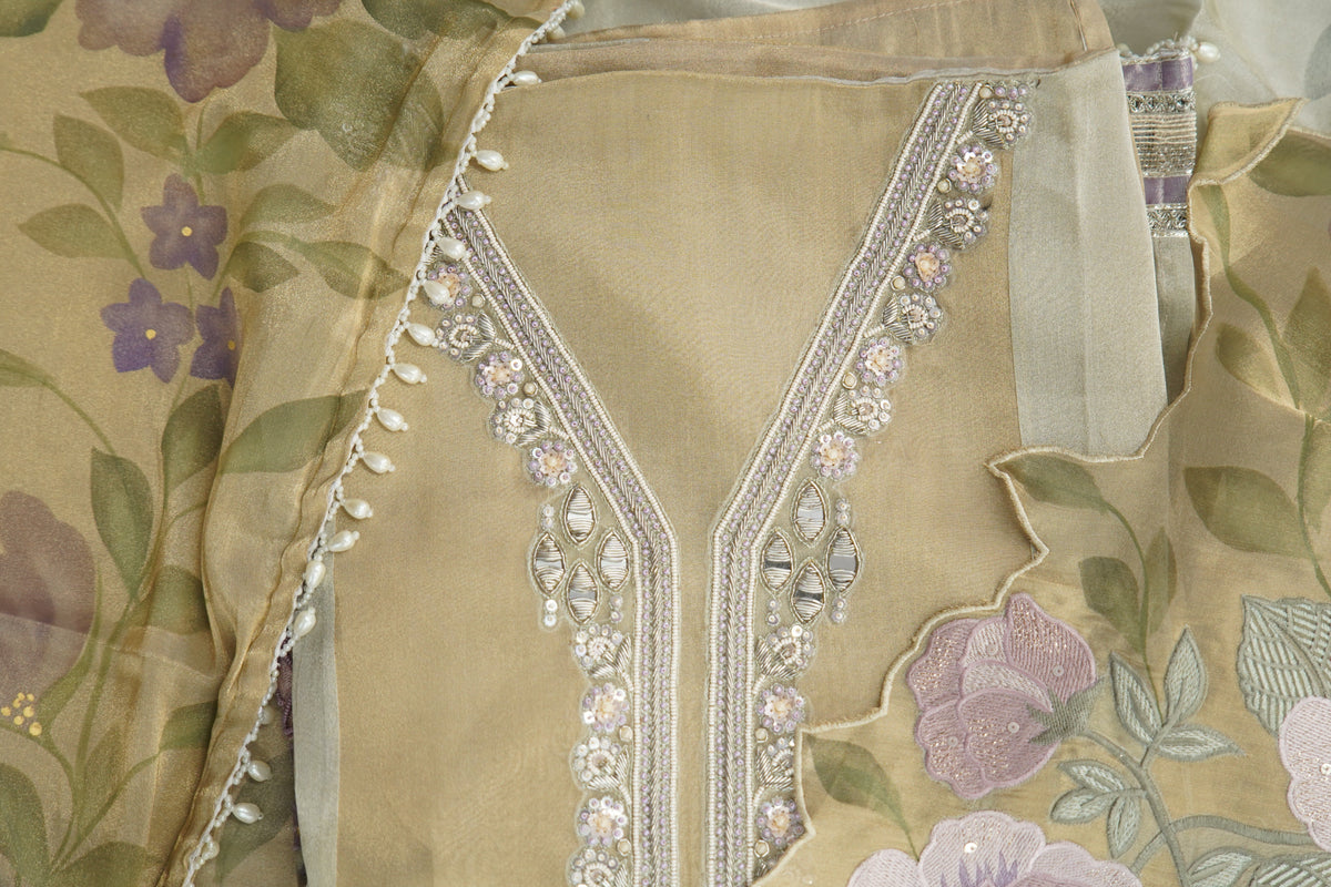 Top and dupatta Tulfi half and half, bottom Upada silk, thread embroidery and hand work