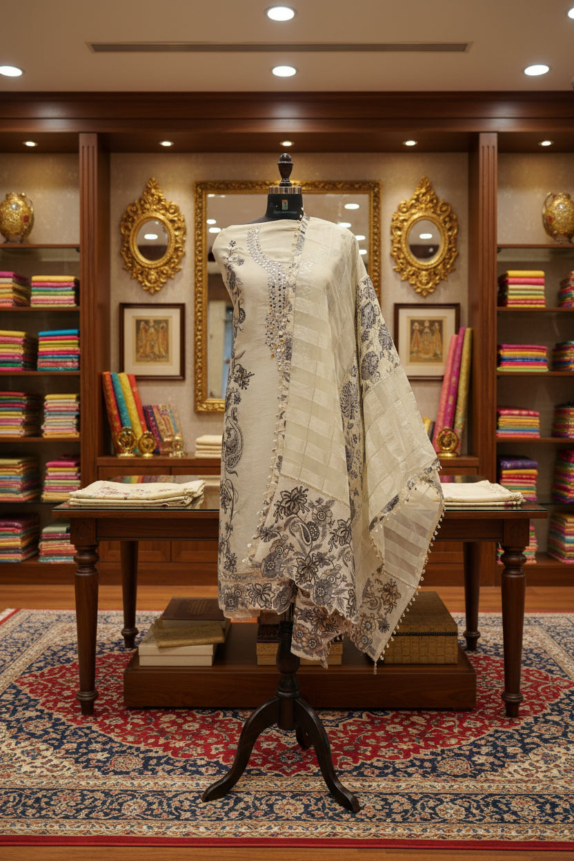 A cream-colored traditional South Asian outfit displayed on a black dress form mannequin, featuring a printed kurta with silver mirror work embroidery and a matching printed dupatta.