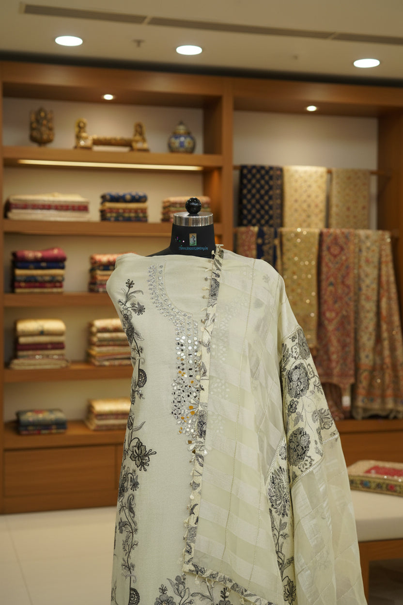 Jiraf silk with stripe dupatta, Upada silk bottom, thread work and beads work
