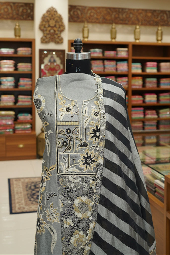 Jiraf silk with stripe dupatta ,Upada silk bottom, thread work and beads work