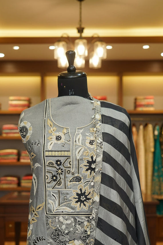 Jiraf silk with stripe dupatta ,Upada silk bottom, thread work and beads work