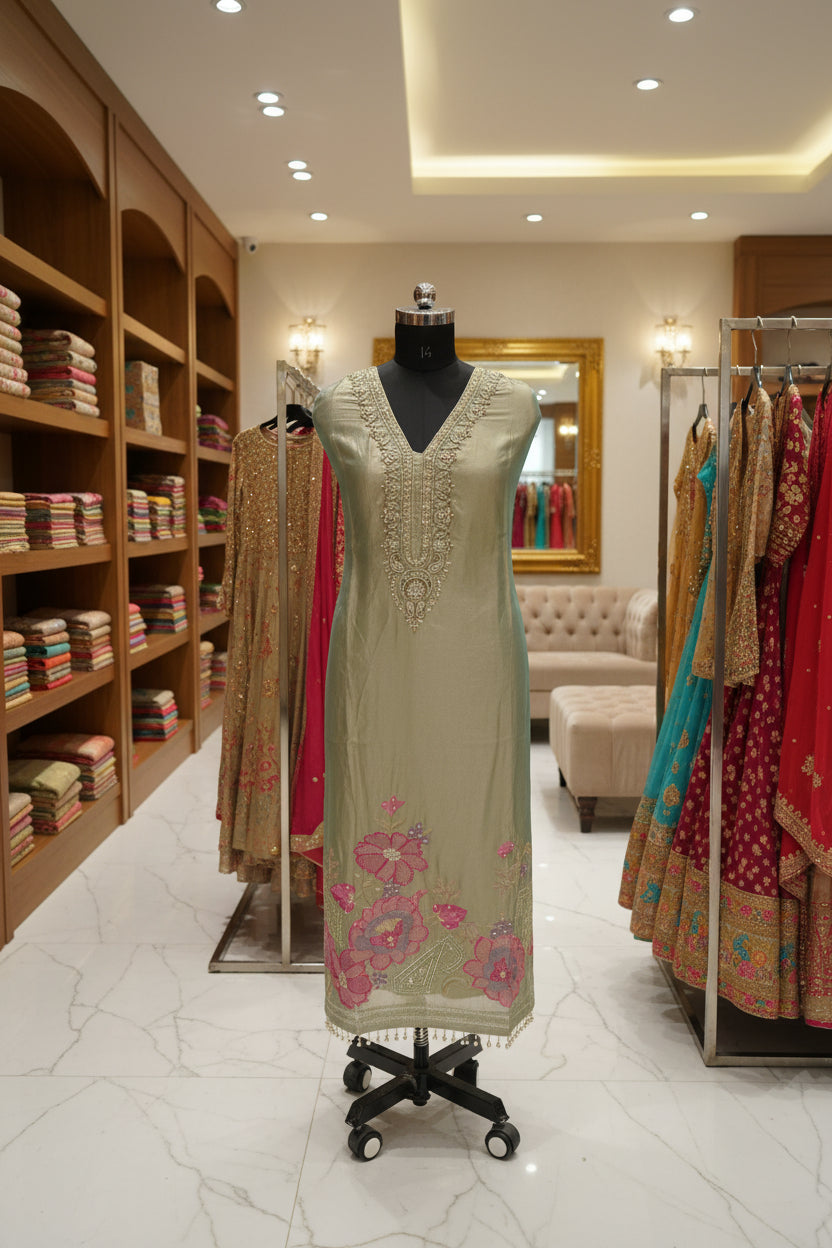 Organza tissue shirt dupatta and bottom, thread embroidery and block print dupatta