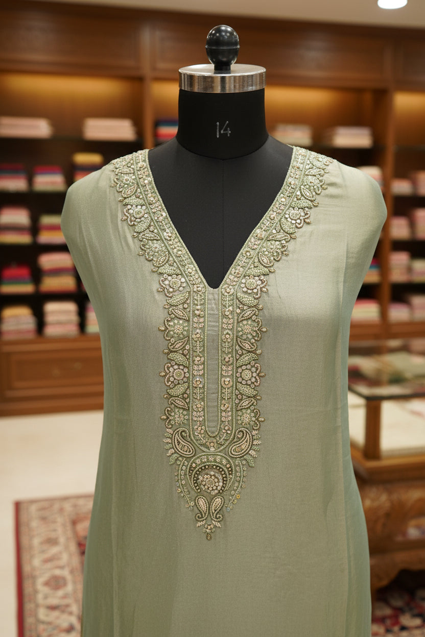 Organza tissue shirt dupatta and bottom, thread embroidery and block print dupatta