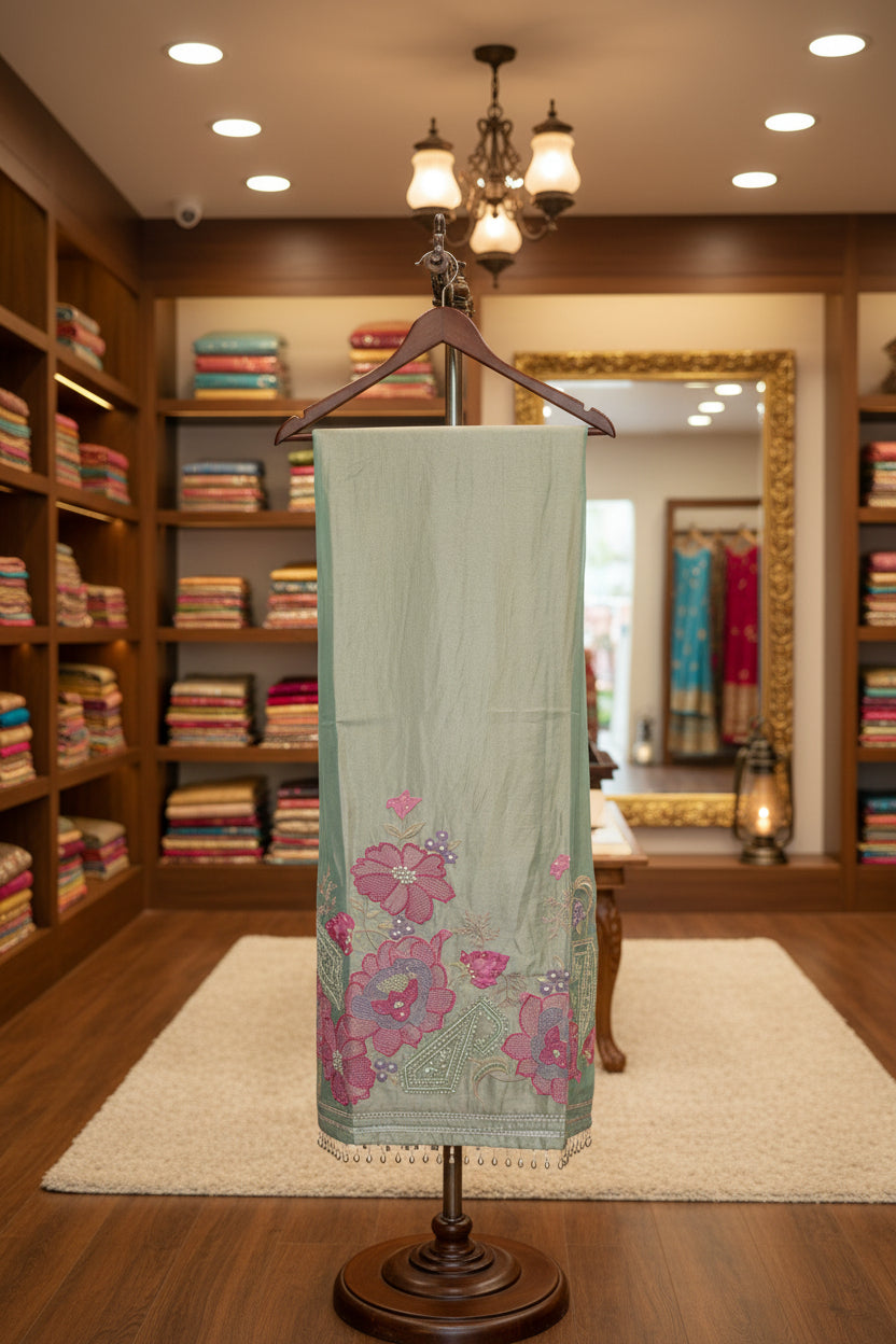 Organza tissue shirt dupatta and bottom, thread embroidery and block print dupatta