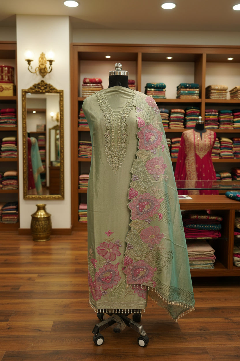 Organza tissue shirt dupatta and bottom, thread embroidery and block print dupatta
