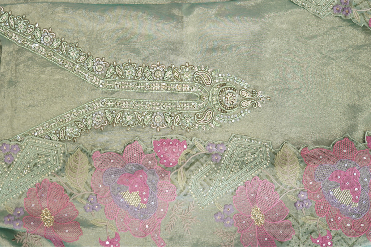 Organza tissue shirt dupatta and bottom, thread embroidery and block print dupatta