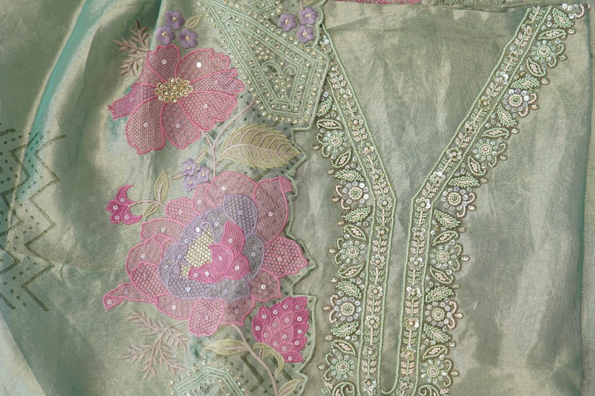 Organza tissue shirt dupatta and bottom, thread embroidery and block print dupatta