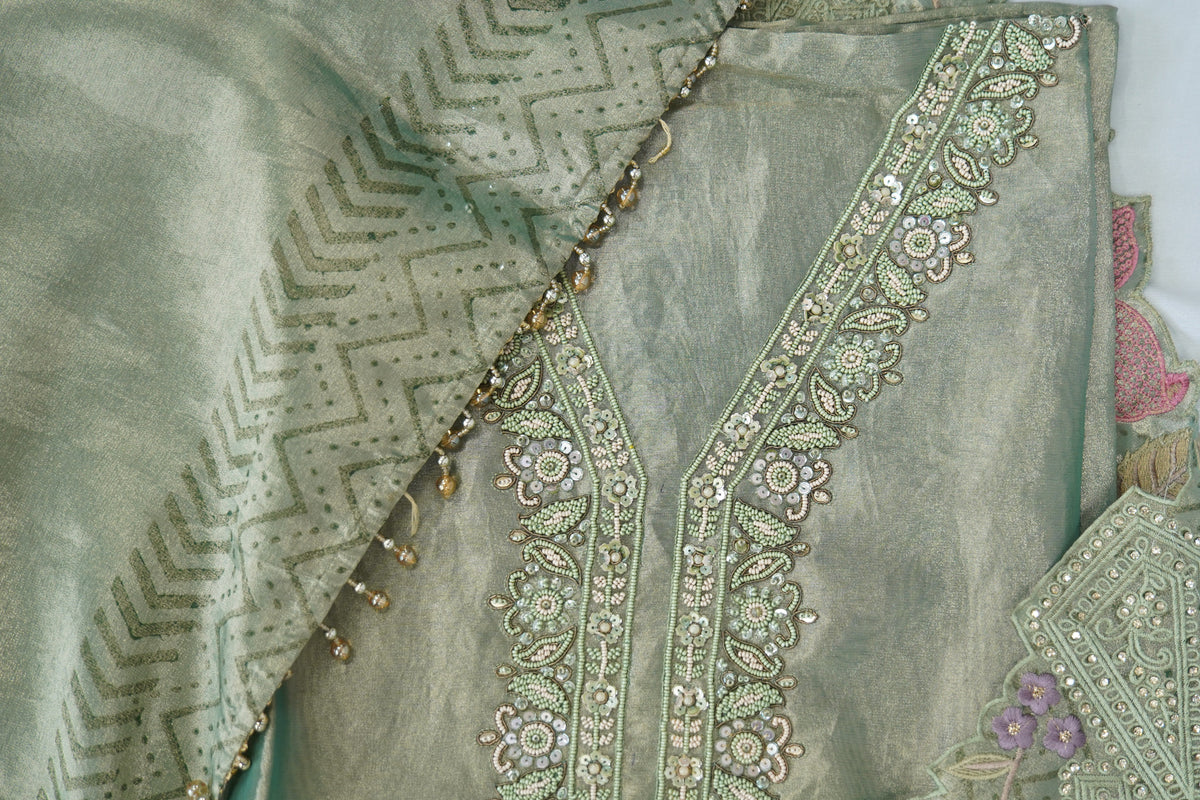 Organza tissue shirt dupatta and bottom, thread embroidery and block print dupatta