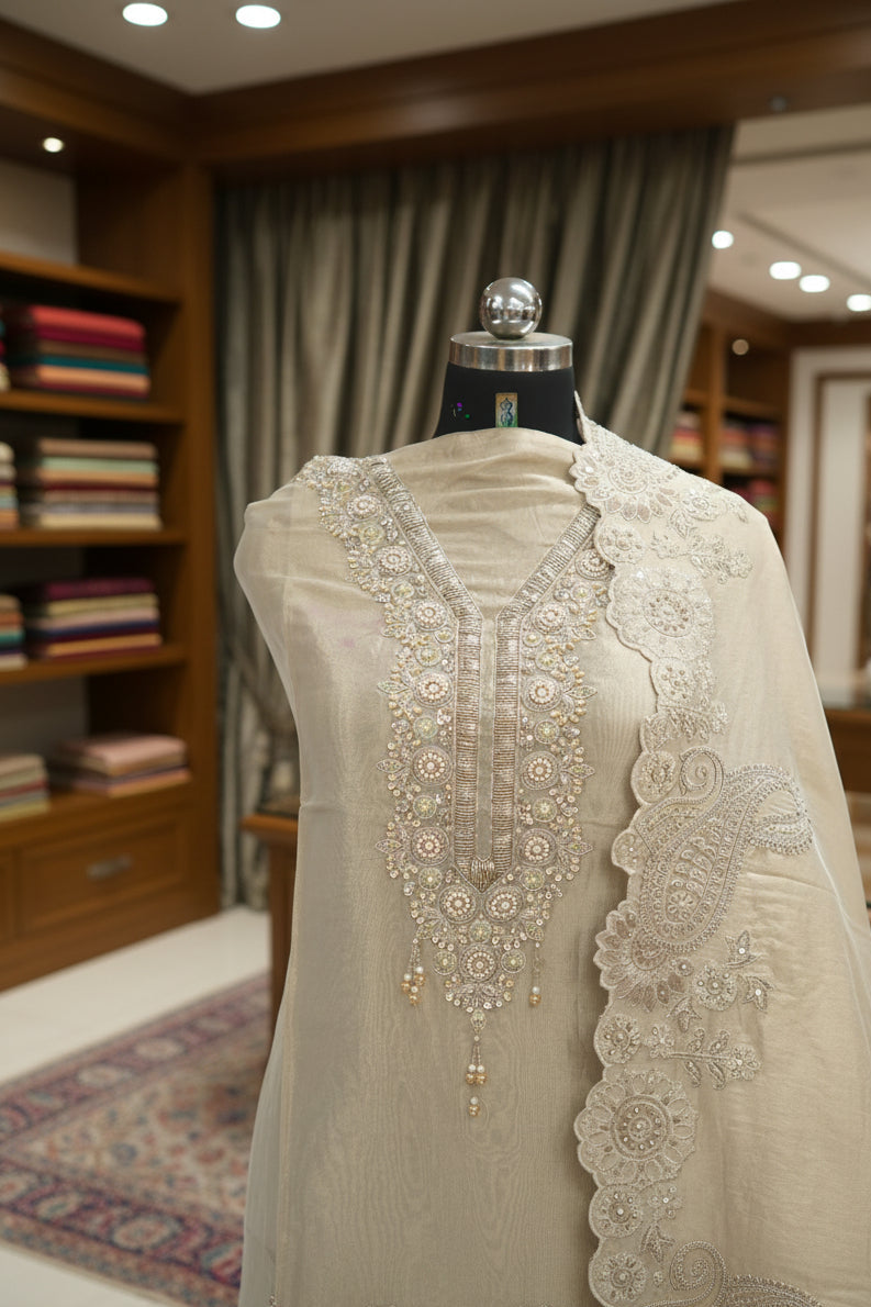 Tulfi silk top and dupatta, Upada silk bottom, thread work embroidery and hand work
