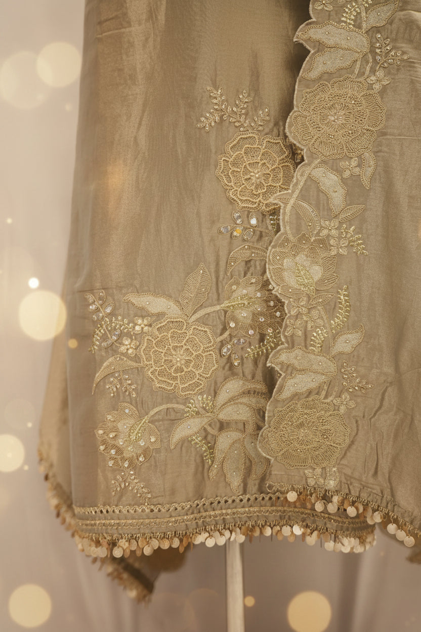 Tulfi silk top and dupatta, Upada silk bottom, hand paint work top and dupatta