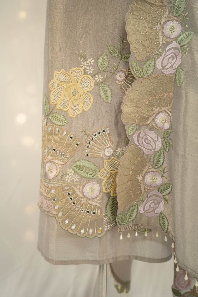 Tulfi silk top and dupatta, Upada silk bottom, embroidery thread work and beads work