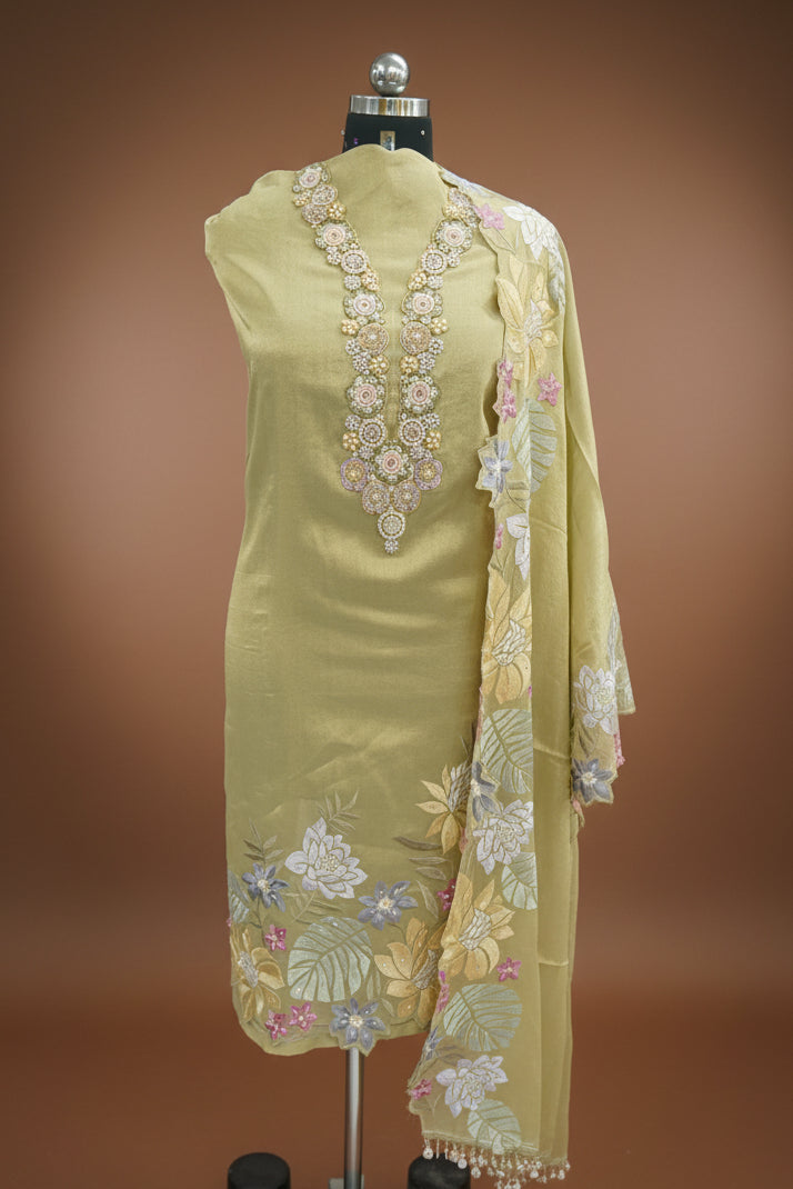 Tissue silk top and dupatta, bottom Upada silk, zardozi handwork with multithread work