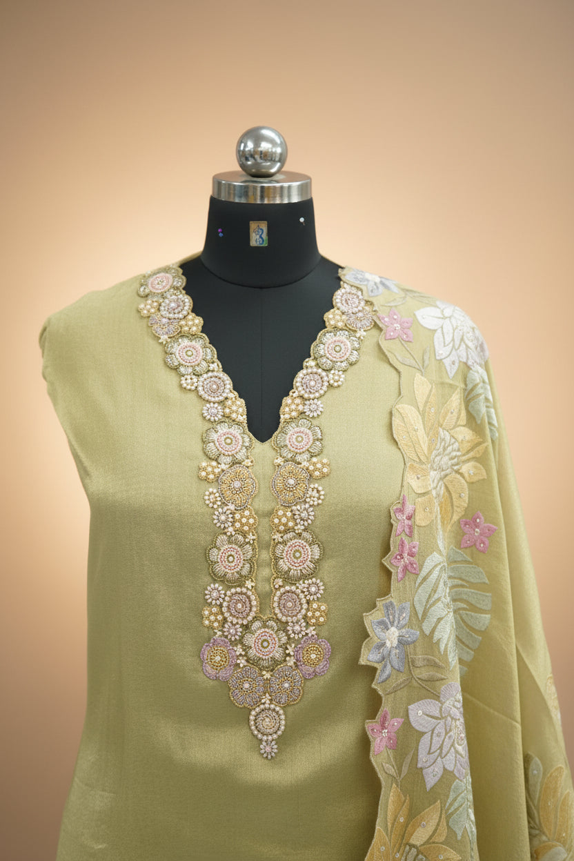 Tissue silk top and dupatta, bottom Upada silk, zardozi handwork with multithread work