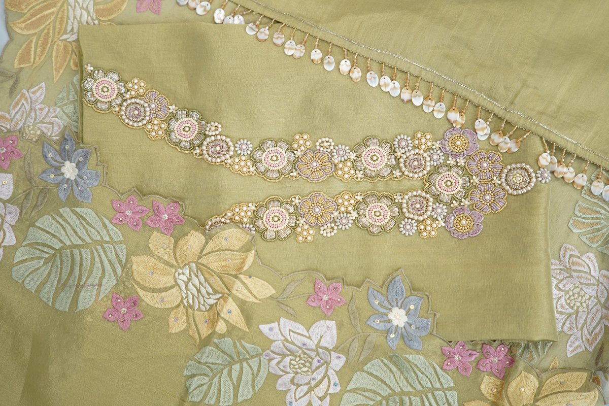 Tissue silk top and dupatta, bottom Upada silk, zardozi handwork with multithread work