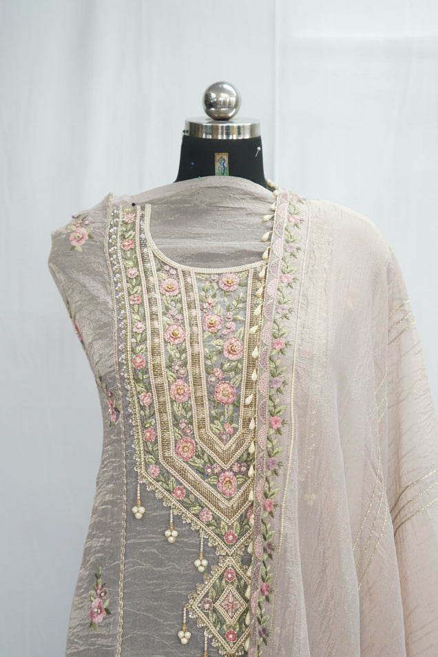 Bronze tissue top and dupatta, bottom Upada silk, multithread work with hand