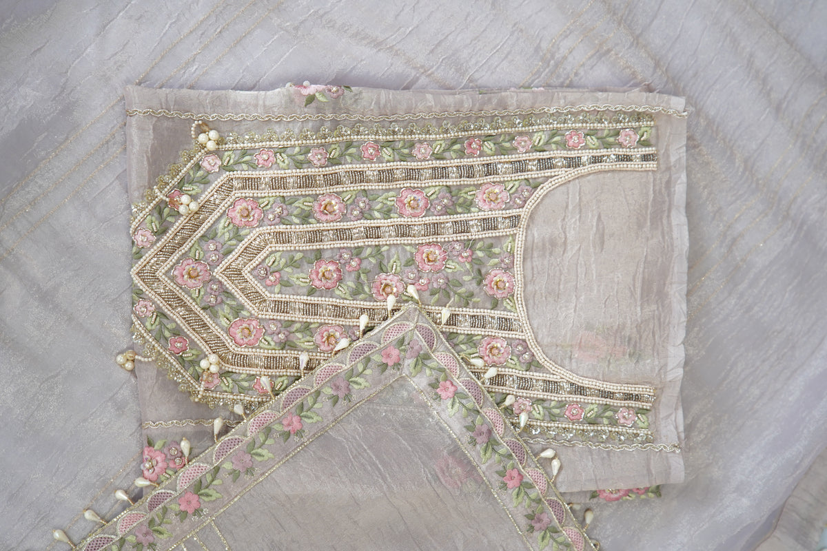 Bronze tissue top and dupatta, bottom Upada silk, multithread work with hand
