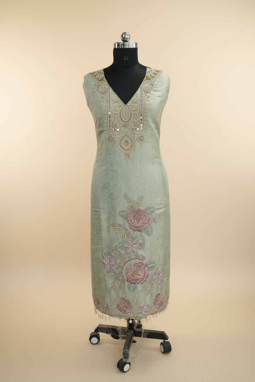 Sapphire silk top and dupatta, Upada silk bottom, Zardosi hand work and embroidery patch work