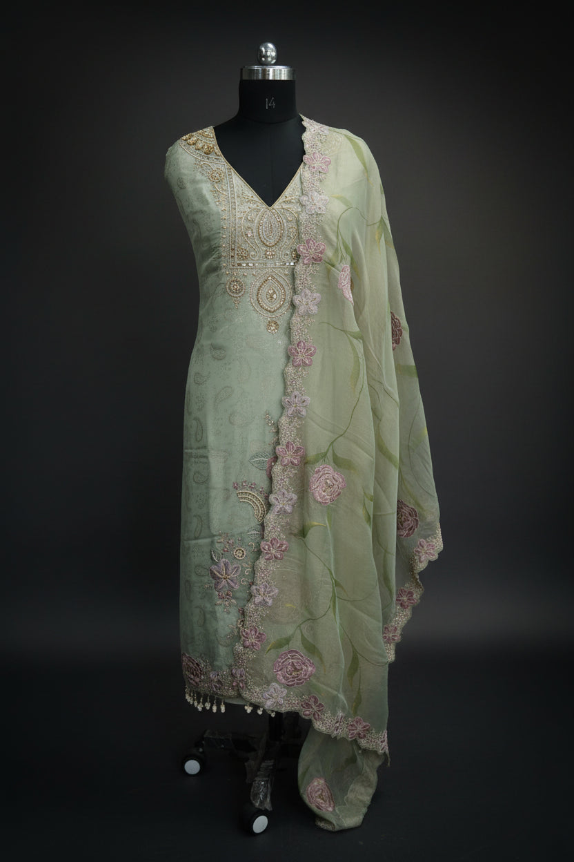 Sapphire silk top and dupatta, Upada silk bottom, Zardosi hand work and embroidery patch work