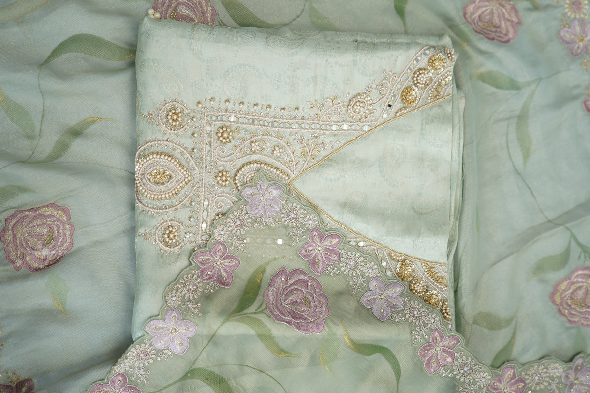 Sapphire silk top and dupatta, Upada silk bottom, Zardosi hand work and embroidery patch work