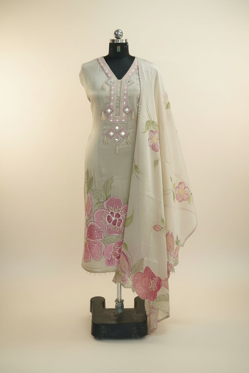 Sapphire silk top and dupatta, Upada silk bottom, Zardosi hand work and embroidery patch work