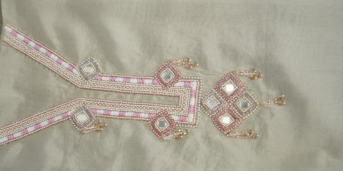Sapphire silk top and dupatta, Upada silk bottom, Zardosi hand work and embroidery patch work