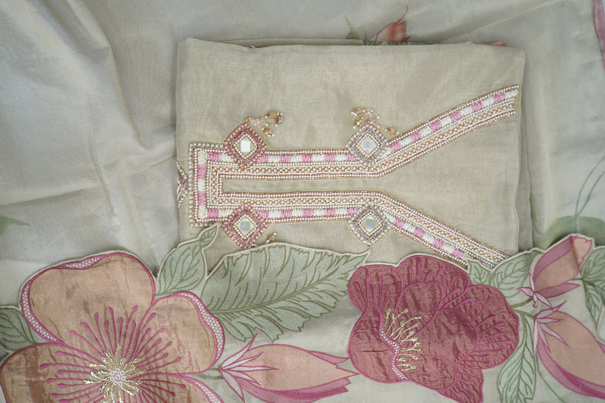 Sapphire silk top and dupatta, Upada silk bottom, Zardosi hand work and embroidery patch work