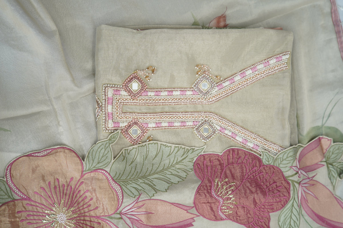 Sapphire silk top and dupatta, Upada silk bottom, Zardosi hand work and embroidery patch work