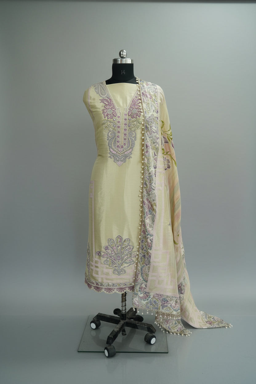 Jirraf tissue top and dupatta  with print, bottom Upada silk, multithread with patch work and hand work
