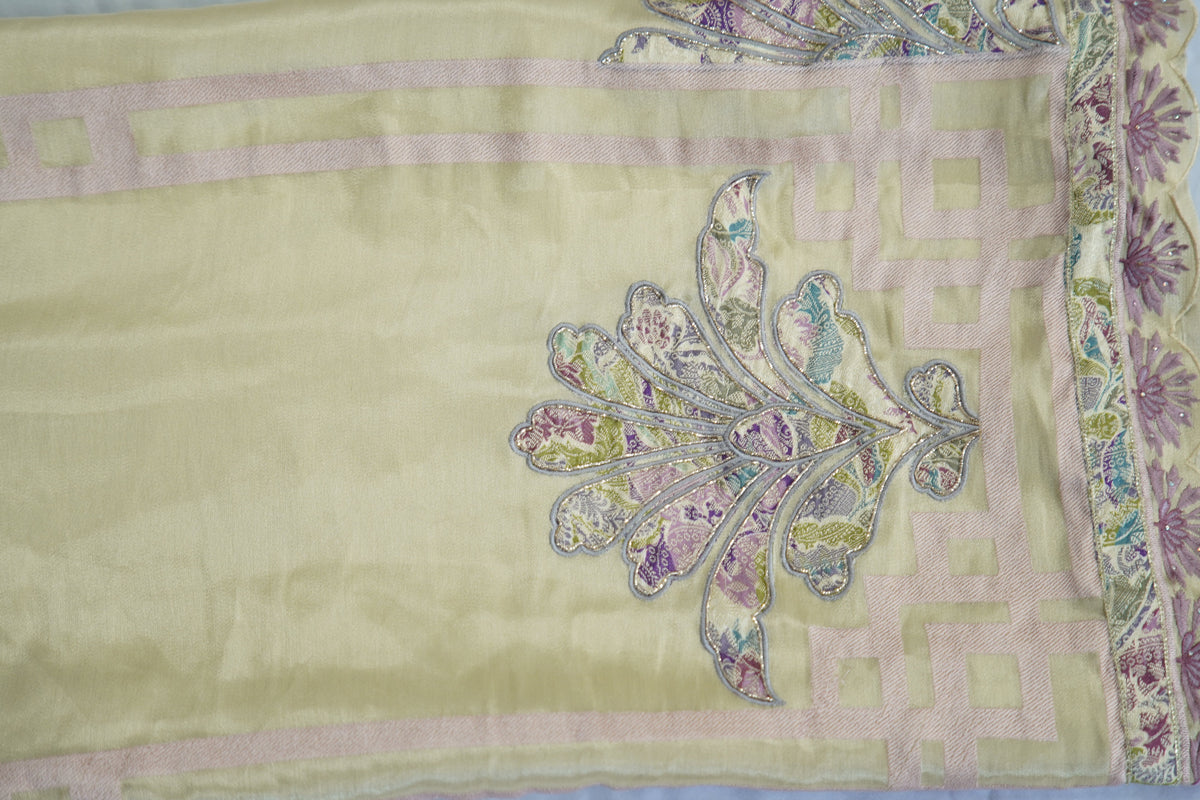 Jirraf tissue top and dupatta  with print, bottom Upada silk, multithread with patch work and hand work