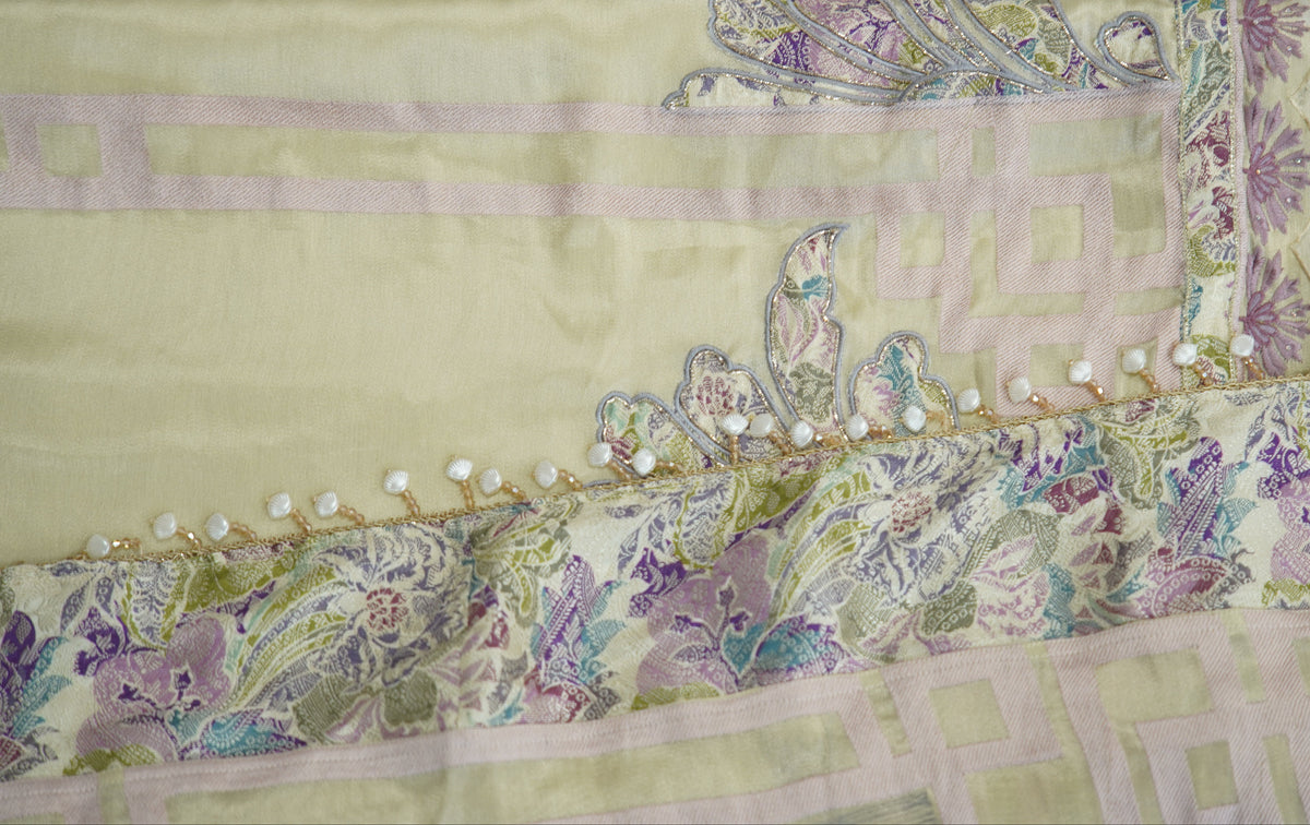 Jirraf tissue top and dupatta  with print, bottom Upada silk, multithread with patch work and hand work