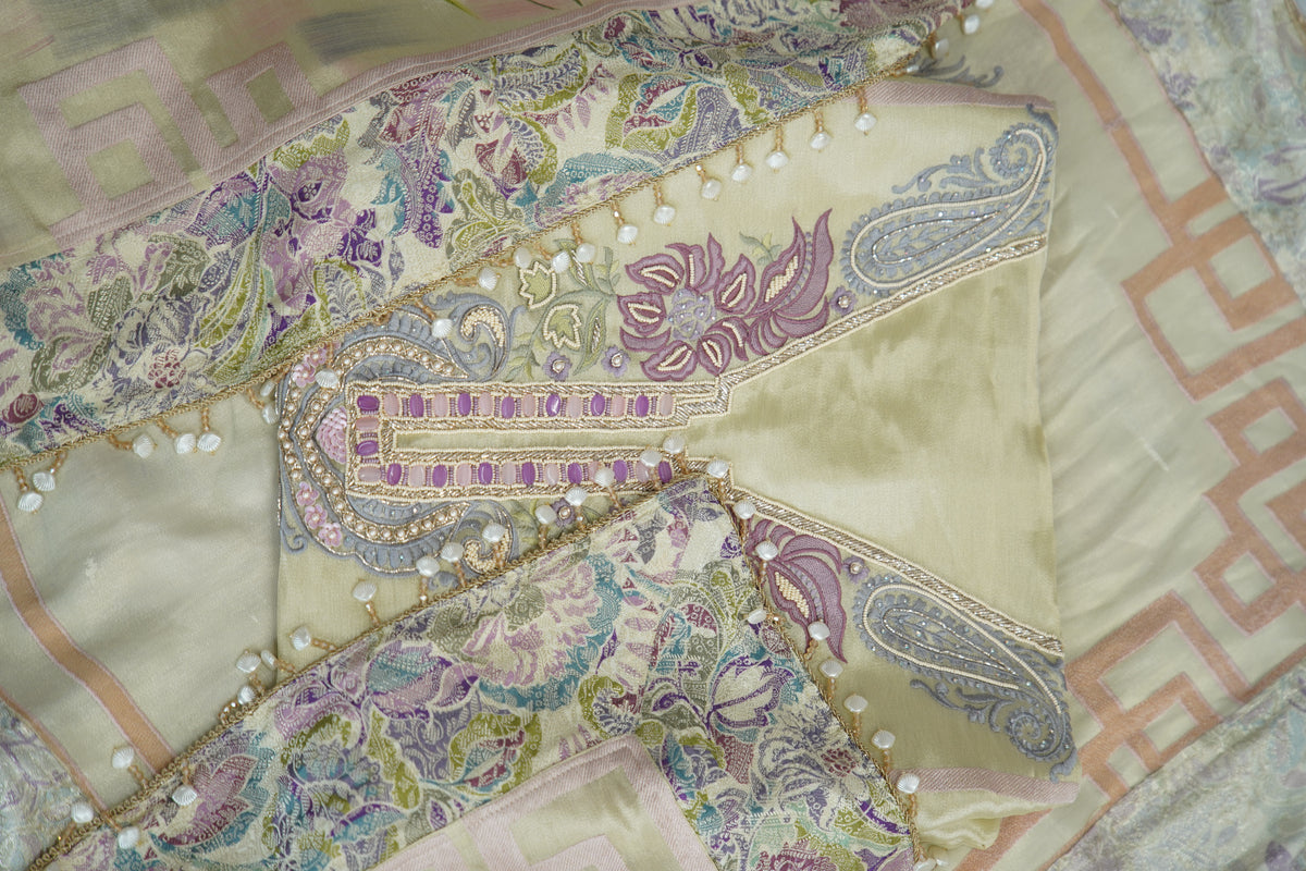 Jirraf tissue top and dupatta  with print, bottom Upada silk, multithread with patch work and hand work