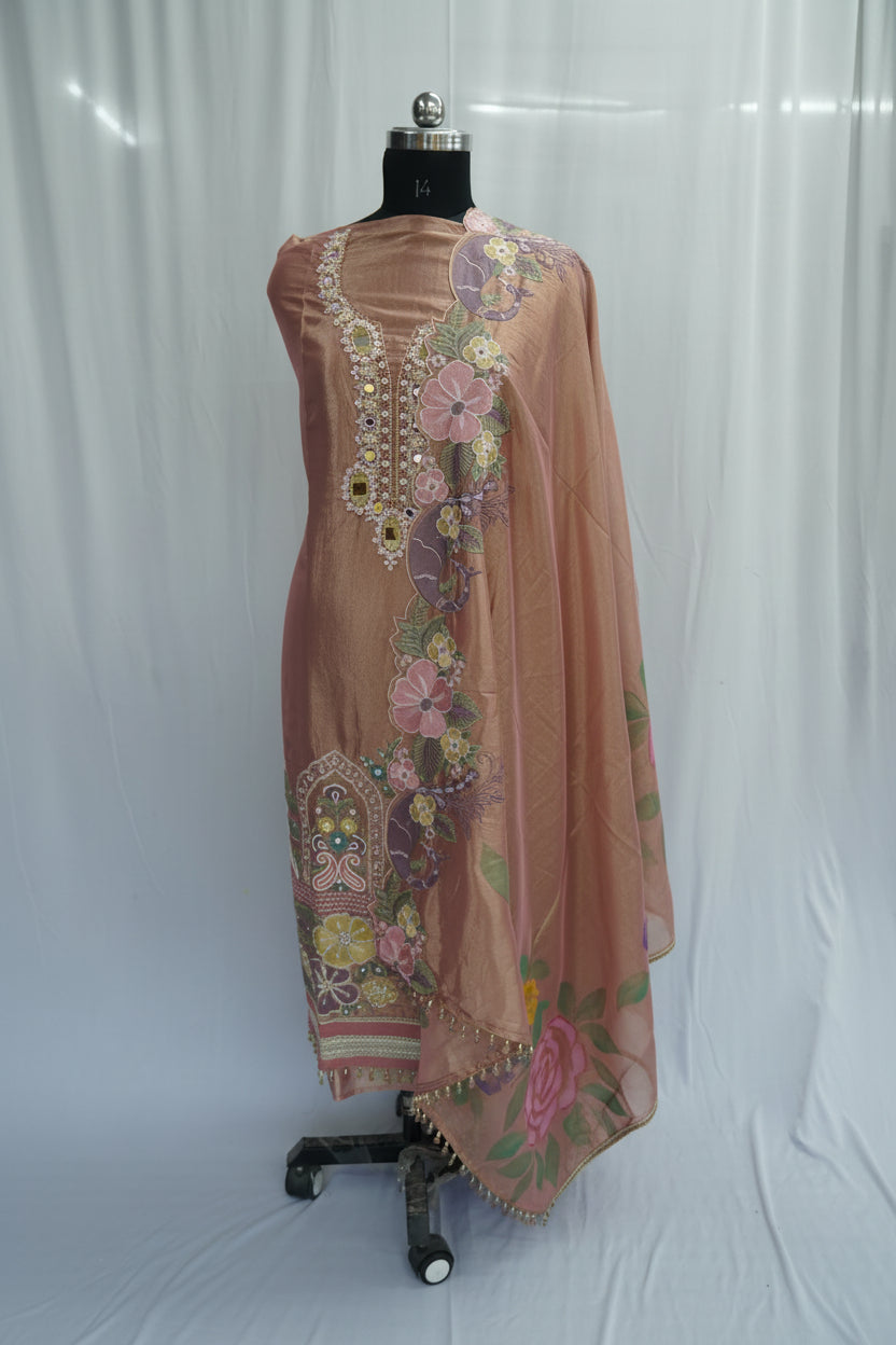Tulfi silk top and dupatta, Upada silk bottom, thread work embroidery and hand work with cutwork duptta